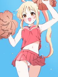 Rule 34 | 1girl, ahoge, alternate costume, arm up, armpits, blonde hair, blue background, blush, bocchi the rock!, cheerleader, clothes lift, commentary, cowboy shot, cropped shirt, detached ahoge, dot nose, from below, highres, holding, holding pom poms, ijichi nijika, long hair, looking at viewer, looking down, midriff, miniskirt, navel, open mouth, panties, pantyshot, pleated skirt, pom pom (cheerleading), pom poms, red eyes, red shirt, red skirt, shirt, side ponytail, sidelocks, simple background, skirt, skirt lift, sleeveless, sleeveless shirt, smile, solo, stomach, sweat, thigh gap, thighs, ukitaryu, underwear, white panties