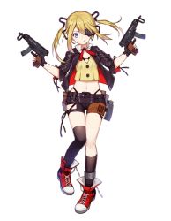 Rule 34 | 1girl, :p, blonde hair, blue eyes, eyepatch, full body, girls&#039; frontline, gun, highres, looking at viewer, machine pistol, navel, official art, personal defense weapon, sa (h28085), shoes, shorts, skorpion (girls&#039; frontline), skorpion vz. 61, smile, solo, submachine gun, tongue, tongue out, transparent background, twintails, weapon