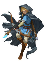 Rule 34 | 1boy, arrow (projectile), blonde hair, blue eyes, bow (weapon), brown footwear, brown gloves, cloak, closed mouth, diaodiao, fingerless gloves, gloves, grey cloak, highres, holding, holding arrow, holding bow (weapon), holding weapon, hood, hood up, hooded cloak, link, male focus, nintendo, scabbard, sheath, simple background, solo, the legend of zelda, the legend of zelda: breath of the wild, torn, torn cloak, torn clothes, weapon, white background