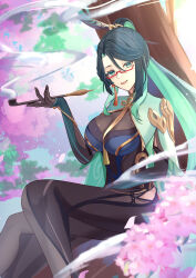 1girl aqua_eyes aqua_hair black_hair bodystocking breasts chinese_hairpin colored_inner_hair earrings genshin_impact glasses gloves hair_ornament high_ponytail highres holding holding_smoking_pipe jewelry large_breasts long_hair marufus multicolored_hair red-framed_eyewear semi-rimless_eyewear single_earring smoking_pipe solo tassel tassel_earrings tassel_hair_ornament very_long_hair xianyun_(genshin_impact)