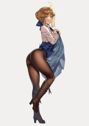 Rule 34 | 1girl, ahoge, alternate costume, artoria pendragon (all), artoria pendragon (fate), ass, bad id, bad pixiv id, blonde hair, blue ribbon, blue skirt, blush, boots, breasts, brown footwear, brown pantyhose, clothes lift, cross-laced footwear, dress shirt, fate/stay night, fate (series), full body, green eyes, hair between eyes, hair bun, hair ribbon, high heel boots, high heels, knee boots, lace-up boots, legs, liangjushuang, lifting own clothes, long hair, long skirt, long sleeves, looking at viewer, pantyhose, parted lips, ribbon, saber (fate), shirt, sidelocks, simple background, single hair bun, skirt, skirt lift, small breasts, smile, solo, thighs, white background, white shirt
