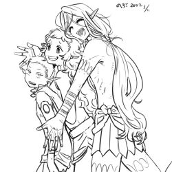 Rule 34 | 1boy, 2girls, ^ ^, arm tattoo, armor, bare shoulders, boy and girl sandwich, closed eyes, cowboy shot, dated, dress, dungeon meshi, elf, facing to the side, fleki, greyscale, grin, hair tubes, hand on another&#039;s shoulder, hand tattoo, height difference, imminent hug, long hair, looking at viewer, looking to the side, low twintails, lycion, monochrome, multiple girls, notched ear, otta (dungeon meshi), pointy ears, queue, sandwiched, shin (ikntig1122), short hair, simple background, sleeveless, sleeveless dress, smile, tattoo, thighhighs, topless male, tunic, twintails, very long hair