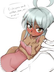Rule 34 | 1girl, ahoge, apron, bad id, bad tumblr id, blush, breasts, cleavage, clenched hand, collarbone, dark skin, dutch angle, embarrassed, english text, fang, frilled apron, frills, full-face blush, hair between eyes, highres, huge ahoge, kamakachow, lying, naked apron, okamaka, on side, original, partially colored, petite, pillow, pointy ears, shinkon santaku, silver hair, tattoo, tsurime, yellow eyes