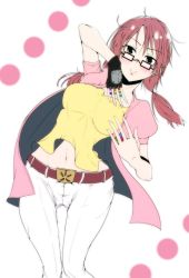 Rule 34 | 1girl, asikaga yosimitu, belt, black gloves, blush, breasts, closed mouth, commentary request, feet out of frame, fingerless gloves, glasses, gloves, highres, impossible clothes, jacket, looking at viewer, messy hair, midriff, navel, open clothes, open jacket, pants, partial commentary, pink jacket, pink mantle, polka dot, polka dot background, rectangular eyewear, red-framed eyewear, rinko jerrard, shirt, single glove, smile, solo, toned, ueki no housoku, white background, white pants, yellow shirt