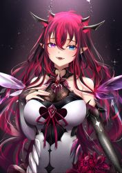 Rule 34 | 1girl, blue eyes, breasts, commentary, demon horns, english commentary, hair between eyes, heterochromia, highres, hololive, hololive english, horns, irys (hololive), irys (irys 1.0) (hololive), large breasts, long hair, looking at viewer, nail polish, nyctea snow, open mouth, pointy ears, purple eyes, red hair, smile, solo, virtual youtuber