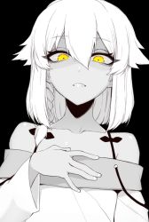Rule 34 | 1girl, bare shoulders, black background, braid, commentary, fingernails, greyscale, hair between eyes, hair flaps, highres, j.k., looking at viewer, monochrome, original, parted lips, ringed eyes, short hair, simple background, solo, spot color, yellow eyes