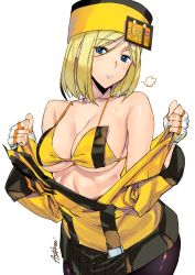 Rule 34 | 1girl, ashiomi masato, bare shoulders, bikini, black pantyhose, blonde hair, blue eyes, breasts, breath, fingerless gloves, frown, fur hat, gloves, guilty gear, guilty gear xrd, hat, large breasts, looking at viewer, millia rage, open clothes, open shirt, pantyhose, shirt, solo, swimsuit, ushanka, white background