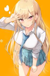 Rule 34 | 1girl, blonde hair, blue necktie, blue skirt, breasts, closed mouth, collarbone, commentary, highres, kitagawa marin, large breasts, long hair, looking at viewer, necktie, orange background, pink eyes, plaid, plaid skirt, pout, runep, shirt, simple background, skirt, solo, sono bisque doll wa koi wo suru, thighs, v, white shirt