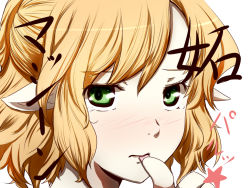 Rule 34 | 1girl, biting, biting own thumb, blonde hair, blush, close-up, dearmybrothers, female focus, frown, green eyes, mizuhashi parsee, nail biting, pointy ears, short hair, solo, tears, biting own thumb, touhou, white background