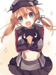 Rule 34 | &gt;:d, 10s, 1girl, :d, anchor hair ornament, aqua eyes, black ribbon, black skirt, blonde hair, carrying, cross, failure penguin, fang, gloves, hair ornament, hat, iron cross, kantai collection, long hair, low twintails, microskirt, military, military uniform, open mouth, peaked cap, pleated skirt, prinz eugen (kancolle), ribbon, shugao, sketch, skirt, smile, sparkle, twintails, twitter username, uniform, v-shaped eyebrows, white gloves