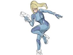 Rule 34 | 1girl, blonde hair, blue bodysuit, blue eyes, bodysuit, boots, breasts, closed mouth, female focus, gun, hands up, high heel boots, high heels, high ponytail, highres, holding, holding gun, holding weapon, iwao178, large breasts, long hair, looking away, metroid, nintendo, outstretched arms, ponytail, samus aran, serious, simple background, skin tight, solo, spread arms, standing, standing on one leg, weapon, white background, zero suit