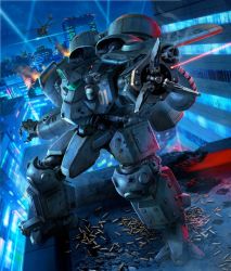 Rule 34 | aircraft, box art, cityscape, fire, helicopter, highres, laser, madox-01, mecha, mercy rabbit, metal skin panic madox-01, military, military vehicle, night, night sky, no humans, official art, robot, science fiction, searchlight, shell casing, sky, smoke, solo, visor