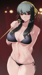 Rule 34 | 1girl, absurdres, arm behind back, bikini, black bikini, black hair, breasts, collarbone, dagger, earrings, flower, gold earrings, gold hairband, gradient background, grin, hair flower, hair ornament, hairband, halterneck, highres, holding, holding dagger, holding knife, holding weapon, jewelry, kataku musou, knife, large breasts, long hair, looking at viewer, navel, parted lips, red background, red eyes, rose, side-tie bikini bottom, sidelocks, smile, solo, spikes, spy x family, stiletto (weapon), stomach, string bikini, swimsuit, weapon, yor briar