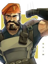 Rule 34 | 1boy, beard, biceps, brimstone (valorant), brown hair, bulletproof vest, enero (lewishamada), facial hair, flexing, frown, hair slicked back, highres, looking at viewer, male focus, mature male, military, muscular, muscular male, mustache, short hair, solo, thick eyebrows, two-tone background, two-tone beard, upper body, valorant, veins, veiny arms