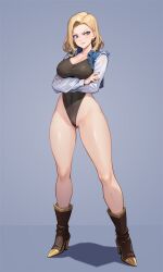 Rule 34 | 1girl, android 18, black leotard, blonde hair, boots, breasts, cleavage, closed mouth, collarbone, commentary request, covered navel, cropped jacket, crossed arms, dark night (darkotl), dragon ball, dragonball z, earrings, fingernails, full body, grey background, grey eyes, high heel boots, high heels, highleg, highleg leotard, highres, jacket, jewelry, knee boots, leotard, lips, long sleeves, medium breasts, medium hair, nail polish, shadow, shiny clothes, shiny skin, simple background, sleeveless, sleeveless jacket, solo, standing