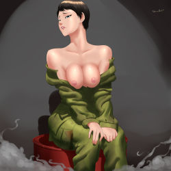 Rule 34 | 1girl, artist name, black hair, blue eyes, breasts, curie (fallout 4), fallout (series), fallout 4, grillo fernandez, highres, lips, mole, nipples, short hair, sitting, smoke, solo, topless
