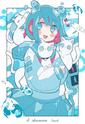 Rule 34 | 1girl, absurdres, animal, blue eyes, blue hair, blue sailor collar, blue skirt, blue theme, blush stickers, border, cat, commentary request, cowboy shot, english text, haru57928031, highres, holding, holding animal, limited palette, long sleeves, looking at viewer, multicolored hair, open mouth, original, pink hair, sailor collar, scenery, school uniform, serafuku, shirt, short hair, sidelocks, skirt, smile, solo, standing, streaked hair, traffic light, water, white border, white cat, white shirt
