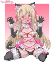 Rule 34 | 1girl, animal ear fluff, animal ears, artist name, bare shoulders, bell, black gloves, black panties, black thighhighs, blonde hair, blush, bow, breasts, cameltoe, cat ears, cat tail, claw pose, cosplay, elbow gloves, fake animal ears, fate/kaleid liner prisma illya, fate (series), fur-trimmed gloves, fur-trimmed legwear, fur collar, fur trim, gloves, hair between eyes, hair ribbon, illyasviel von einzbern, illyasviel von einzbern (beast style), jingle bell, long hair, looking at viewer, mash kyrielight, mash kyrielight (dangerous beast), mash kyrielight (dangerous beast) (cosplay), navel, o-ring, open mouth, panties, pink eyes, puddinghomhom, red eyes, revealing clothes, ribbon, sidelocks, sitting, small breasts, solo, sweat, tail, tearing up, thighhighs, two side up, underwear, wariza