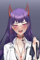 Rule 34 | 1girl, absurdres, akuma nihmune, akuma nihmune (1st costume), blunt bangs, blush, breast pocket, breasts, cleavage, collar, collarbone, collared shirt, commentary, ear piercing, earrings, english commentary, facial tattoo, hair ornament, hairclip, heart, heart tattoo, highres, horns, indie virtual youtuber, jewelry, large breasts, leash, lips, long hair, looking at viewer, loose necktie, mole, mole under eye, multiple piercings, necklace, necktie, neon luminous, open mouth, piercing, pink eyes, pocket, red collar, red horns, shirt, signature, solo, tattoo, teeth, tongue, tongue out, upper body, upper teeth only, virtual youtuber, white shirt