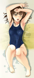 Rule 34 | armpits, barefoot, brown eyes, brown hair, lying, one-piece swimsuit, one eye closed, open mouth, original, school swimsuit, solo, swimsuit, tonbo, wet, wink