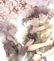 Rule 34 | 1girl, 2boys, animal ears, black hair, blue eyes, blush, brown jacket, brown shirt, carrying, carrying person, cat ears, cherry blossoms, chest jewel, closed eyes, closed mouth, commentary request, cropped jacket, family, father and son, flower, fur-trimmed jacket, fur trim, green jacket, grey hair, hand tattoo, highres, jacket, long hair, long sleeves, looking at another, mio (xenoblade), mother and son, multiple boys, neck tattoo, noah (xenoblade), official alternate costume, open clothes, open jacket, open mouth, outdoors, petals, pink flower, shirt, short hair, short sleeves, smile, spoilers, tattoo, ui frara, xenoblade chronicles (series), xenoblade chronicles 3