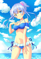 Rule 34 | 1girl, alternate hairstyle, beach, bikini, blue bikini, blue eyes, blue hair, blush, breasts, cleavage, closed mouth, cloud, cloudy sky, collarbone, cowboy shot, day, earrings, frilled bikini, frills, highres, jewelry, looking at viewer, magia record: mahou shoujo madoka magica gaiden, mahou shoujo madoka magica, medium breasts, minami rena, minami rena (swimsuit costume), navel, necklace, ocean, outdoors, polka dot, polka dot bikini, ring, shell, shell necklace, short hair with long locks, sky, smile, solo, standing, swimsuit