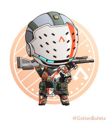 Rule 34 | 1girl, absurdres, apex commander bangalore, apex legends, armor, bangalore (apex legends), chibi, cottonbullets, g7 scout, gloves, green gloves, gun, hand on own hip, helmet, highres, holding, holding gun, holding weapon, looking to the side, official alternate costume, power armor, rifle, science fiction, solo, twitter username, weapon