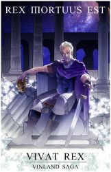Rule 34 | 1boy, askeladd, blue eyes, boots, cape, column, copyright name, crown, facial hair, full body, goatee, grass, holding, kiarou, latin text, looking at viewer, male focus, night, pants, pillar, plant, purple cape, ruins, scar, scar on face, shirt, sitting, sky, solo, star (sky), starry sky, sword, vinland saga, weapon