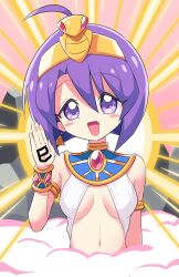 1girl ancient_egyptian_clothes bracelet breasts commentary_request earrings fang gold_hairband hairband hand_up highres jashin-chan_dropkick jewelry medium_breasts medusa_(jashin-chan_dropkick) navel purple_eyes purple_hair shadow_(modeler3622) solo triangle_earrings upper_body uraeus usekh_collar