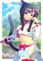 Rule 34 | 1girl, animal ear fluff, animal ears, bare shoulders, black hair, blurry, blurry background, bow, braid, breasts, cat ears, cat girl, cat tail, closed mouth, commentary request, commission, crop top, depth of field, detached sleeves, final fantasy, final fantasy xiv, flower, frilled thighhighs, frills, hair flower, hair ornament, kou hiyoyo, long hair, long sleeves, looking at viewer, medium breasts, miqo&#039;te, navel, pleated skirt, red bow, red eyes, red flower, red rose, rose, skeb commission, skirt, smile, solo, tail, thighhighs, twin braids, twintails, white skirt, white sleeves
