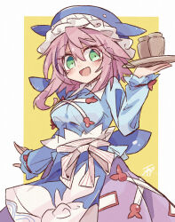 Rule 34 | 1girl, :d, apron, asymmetrical hair, blue apron, blue headwear, blue shirt, breasts, cross-laced clothes, green eyes, highres, holding, holding tray, long sleeves, looking at viewer, medium breasts, medium hair, minoru minoru, okunoda miyoi, open mouth, pink hair, purple skirt, shirt, signature, skirt, smile, solo, tokkuri, touhou, tray, whale hat, yellow background