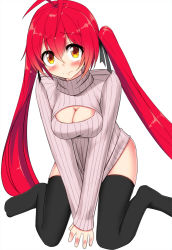 Rule 34 | 1girl, antenna hair, black thighhighs, blush, breasts, cleavage, cleavage cutout, clothing cutout, genderswap, genderswap (mtf), long hair, medium breasts, meme attire, mitsuka souji, mituka sora, open-chest sweater, ore twintail ni narimasu, red hair, ribbed sweater, simple background, sitting, solar metca, solo, sweater, tendon0922, thighhighs, turtleneck, twintails, very long hair, wariza, white background, yellow eyes