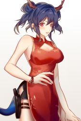Rule 34 | 1girl, absurdres, arknights, bare arms, bare shoulders, black shorts, blue hair, blush, breasts, ch&#039;en (ageless afterglow) (arknights), ch&#039;en (arknights), china dress, chinese clothes, chinese commentary, cleavage, cleavage cutout, clothing cutout, commentary request, cowboy shot, double bun, dragon horns, dragon tail, dress, gradient background, grey background, hair between eyes, hair bun, highres, holster, horns, large breasts, looking at viewer, official alternate costume, puruii, red dress, red eyes, short hair, short shorts, shorts, side slit, sidelocks, sleeveless, sleeveless dress, solo, standing, tail, thigh holster, tongue, tongue out, twintails, white background