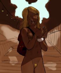 Rule 34 | 1girl, backpack, bag, belly, bikini, blonde hair, breasts, commentary, dark skin, english commentary, female pubic hair, highres, jewelry, large areolae, medium breasts, moitasart, nude, original, perky breasts, pubic hair, pussy, ring, smile, solo, swimsuit, thighs