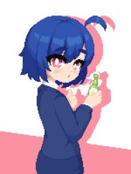 Rule 34 | 1girl, ahoge, blue hair, blush, bottle, business suit, formal, holding, long sleeves, looking at viewer, minimilieu, office lady, original, pink eyes, pixel art, silhouette, simple background, skirt, skirt suit, skye (hcnone), solo, suit, sweatdrop, thumbs up, two-tone background