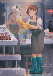 Rule 34 | 1boy, 1girl, apron, artist name, boots, brown hair, chinese commentary, commentary request, dated, fish, fish market, gloves, hair ornament, hands on own hips, highres, laughing, octopus hair ornament, original, rubber boots, rubber gloves, shirt, short hair, standing, surprised, t-shirt, wudi sao nian