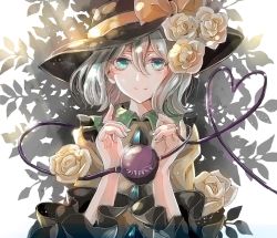 Rule 34 | 1girl, bad id, bad twitter id, black hat, bow, closed mouth, eyeball, flower, frilled shirt collar, frilled sleeves, frills, green eyes, hair between eyes, hair flower, hair ornament, hat, hat bow, heart, heart of string, highres, jan (lightdragoon), koishi day, komeiji koishi, long sleeves, looking at viewer, rose, shirt, silver hair, smile, solo, third eye, touhou, upper body, yellow bow, yellow flower, yellow rose, yellow shirt