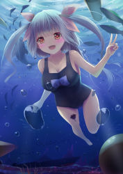 Rule 34 | 10s, 1girl, blue hair, blush, breasts, bubble, cleavage, fang, fish, hair ribbon, highres, i-19 (kancolle), kantai collection, large breasts, long hair, one-piece swimsuit, open mouth, red eyes, ribbon, school swimsuit, smile, solo, sonikey0 0, star-shaped pupils, star (symbol), swimming, swimsuit, symbol-shaped pupils, twintails, underwater, v, water