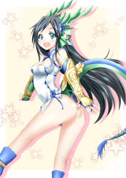 Rule 34 | 1girl, :d, ass, bare legs, black hair, blue eyes, breasts, china dress, chinese clothes, cleavage, cleavage cutout, clothing cutout, covered navel, dragon girl, dragon tail, dress, fins, gauntlets, head fins, horns, karin (p&amp;d), long hair, minato yoshihiro, navel, open mouth, puzzle &amp; dragons, smile, solo, tail
