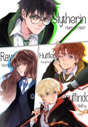 Rule 34 | 1girl, 3boys, absurdres, afterimage, alternate universe, black jacket, blonde hair, blue eyes, blue necktie, broom, brown eyes, brown hair, carrying over shoulder, character name, closed mouth, collared shirt, draco malfoy, drop shadow, floating neckwear, freckles, frown, glasses, golden snitch, green eyes, green necktie, grey sweater, gryffindor, hand up, harry potter, harry potter (series), hermione granger, highres, hogwarts school uniform, holding, holding broom, holding wand, hood, hood down, hooded jacket, hufflepuff, jacket, long hair, long sleeves, looking at viewer, looking to the side, motion blur, multiple boys, neckerchief, necktie, one eye closed, orange hair, ravenclaw, red necktie, ron weasley, rs382302, scar, scar on face, scar on forehead, school uniform, shirt, slytherin, smile, sweater, wand, white background, white shirt, wizarding world, yellow neckerchief