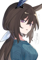 Rule 34 | 1girl, absurdres, admire vega (umamusume), animal ears, breasts, brown hair, ear covers, from side, highres, horse ears, horse girl, jewelry, long hair, looking at viewer, low ponytail, medium breasts, necklace, open mouth, potato (potato 621), purple eyes, solo, sweater, translation request, umamusume, upper body, white background