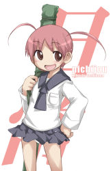 Rule 34 | 1girl, :d, bad id, bad pixiv id, blush, brown hair, female focus, hand on own hip, hip focus, nichijou, open mouth, over shoulder, panties, red hair, school uniform, short twintails, skirt, smile, solo, tachibana mihoshi, tokisadame school uniform, twintails, underwear, weapon bag, white background, wind, wind lift, yumesato makura