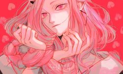 Rule 34 | artist name, bad id, bad twitter id, braid, earrings, eyelashes, heart, highres, horns, jewelry, kalmia (shama), long hair, nail, official art, original, pink background, pink eyes, pink hair, prison clothes, shama (vocaloid), simple background, smile, solo, song name, upper body, vocaloid, wooma