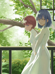 Rule 34 | 2girls, ahataro, blue hair, blurry, blurry background, breasts, bush, closed mouth, commentary request, cowboy shot, day, dress, forest, from side, hanayagi kaoruko, highres, isurugi futaba, long dress, long sleeves, looking at viewer, looking to the side, medium breasts, medium hair, midriff peek, multiple girls, nature, outdoors, pants, parted lips, profile, purple eyes, railing, red hair, short hair, shoujo kageki revue starlight, side slit, sidelocks, sideways glance, small breasts, standing, tree, vietnamese dress, white dress, white pants, yellow eyes