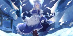 Rule 34 | 1girl, apron, black pantyhose, blue bow, blue capelet, blue eyes, blue hair, blue skirt, blush, bow, building, capelet, closed mouth, feet out of frame, frilled skirt, frills, full moon, half-closed eyes, hand up, hat, highres, kokka han, lapel pin, letty whiterock, light blue hair, long sleeves, looking at viewer, moon, night, night sky, non-web source, official art, outdoors, pantyhose, puffy sleeves, scarf, second-party source, shirt, short hair, skirt, skirt hold, sky, smile, snow, snowing, solo, touhou, touhou lostword, tower, waist apron, waist bow, white apron, white bow, white hat, white scarf, white shirt