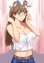 Rule 34 | 1girl, animal ears, arms up, belt, blue pants, blurry, blurry background, breasts, brown belt, brown eyes, brown hair, cleavage, collarbone, commentary, denim, depth of field, english commentary, fake animal ears, hairband, halterneck, highres, jeans, kauru00, large breasts, long hair, looking at viewer, midriff, open mouth, original, pants, rabbit ears, rimless eyewear, round eyewear, shirt, solo, straight hair, sweatdrop, white hairband, white shirt