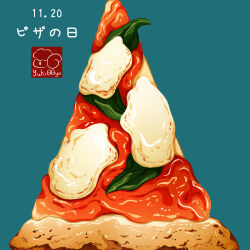 Rule 34 | artist logo, basil leaf, blue background, cheese, dated, food, food focus, highres, margherita pizza, no humans, original, pizza, tomato sauce, yuki00yo