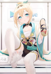 Rule 34 | 1girl, aqua eyes, black shorts, blonde hair, blush, breasts, chest sarashi, cleavage, crossed bangs, eyelashes, feet, foot focus, foot out of frame, foot up, hair ribbon, hairband, hand up, haori, highres, holding sandals, hololive, indoors, japanese clothes, kazama iroha, kazama iroha (1st costume), knee up, kou futoshi, long hair, no shoes, open mouth, parted bangs, ponytail, ribbon, sarashi, shorts, sidelocks, sitting, sitting on table, small breasts, smell, soles, solo, spread toes, steaming body, tabi, thighhighs, thighs, tile floor, tiles, toes, virtual youtuber, white thighhighs, wide sleeves