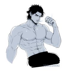 Rule 34 | 1boy, abs, artist name, bara, biceps, black clover, black hair, bolloxxxz, cigarette, facial hair, highres, male focus, mature male, muscular, muscular male, navel, navel hair, nipples, pants, pectoral cleavage, pectorals, smoke, smoking, spiked hair, stubble, thick arms, topless male, veins, veiny arms, white background, yami sukehiro