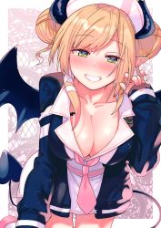 Rule 34 | 1girl, absurdres, all fours, alternate costume, black cardigan, blonde hair, blue eyes, blush, breast tattoo, breasts, cardigan, cleavage, clenched teeth, collarbone, demon girl, demon horns, demon tail, demon wings, double bun, dress, fingernails, hair bun, hand in own hair, hat, highres, hololive, horns, large breasts, long sleeves, looking at viewer, multicolored hair, necktie, nose blush, nurse cap, open cardigan, open clothes, pink neckwear, pleated skirt, simple background, skirt, streaked hair, tail, tattoo, teeth, tonarikeru, virtual youtuber, white dress, wings, yuzuki choco, yuzuki choco (nurse)